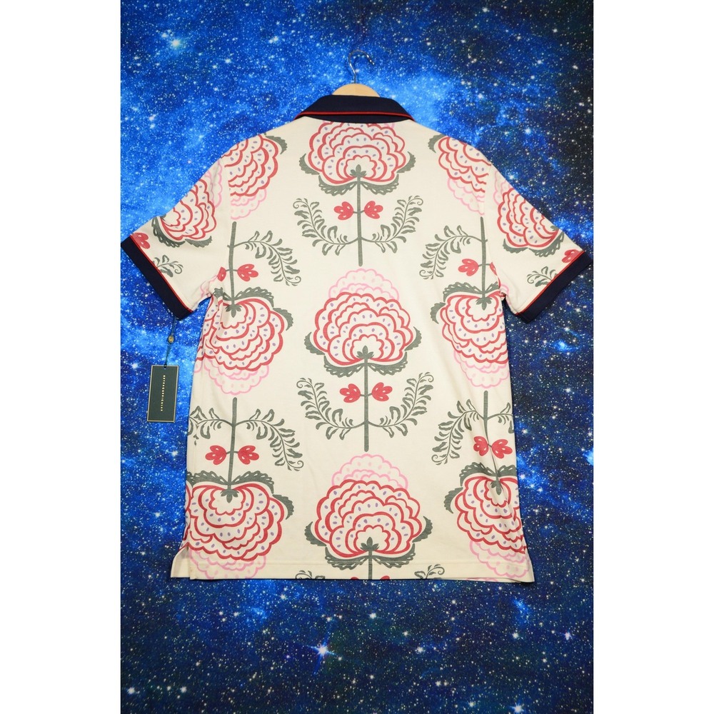 Extracurricular Polo Shirt Mens Medium Floral‎ Print Cream Navy Collar Golf - Picture 3 of 8